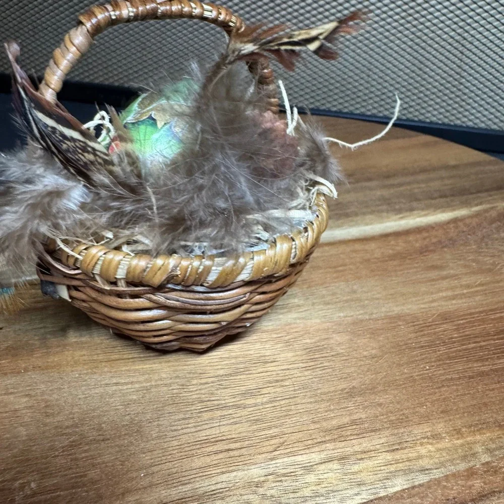 Vintage Hand Painted Gold Holly Egg in Miniature Wicker Basket with Feathers